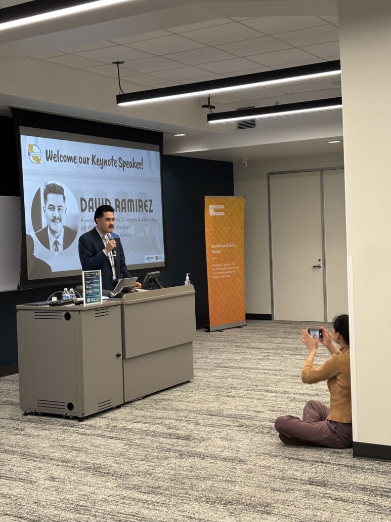 California Strategies Associate David Ramirez delivers the keynote address at the UC Student Association's 9th Annual Transfer Student Advocacy Day in Sacramento