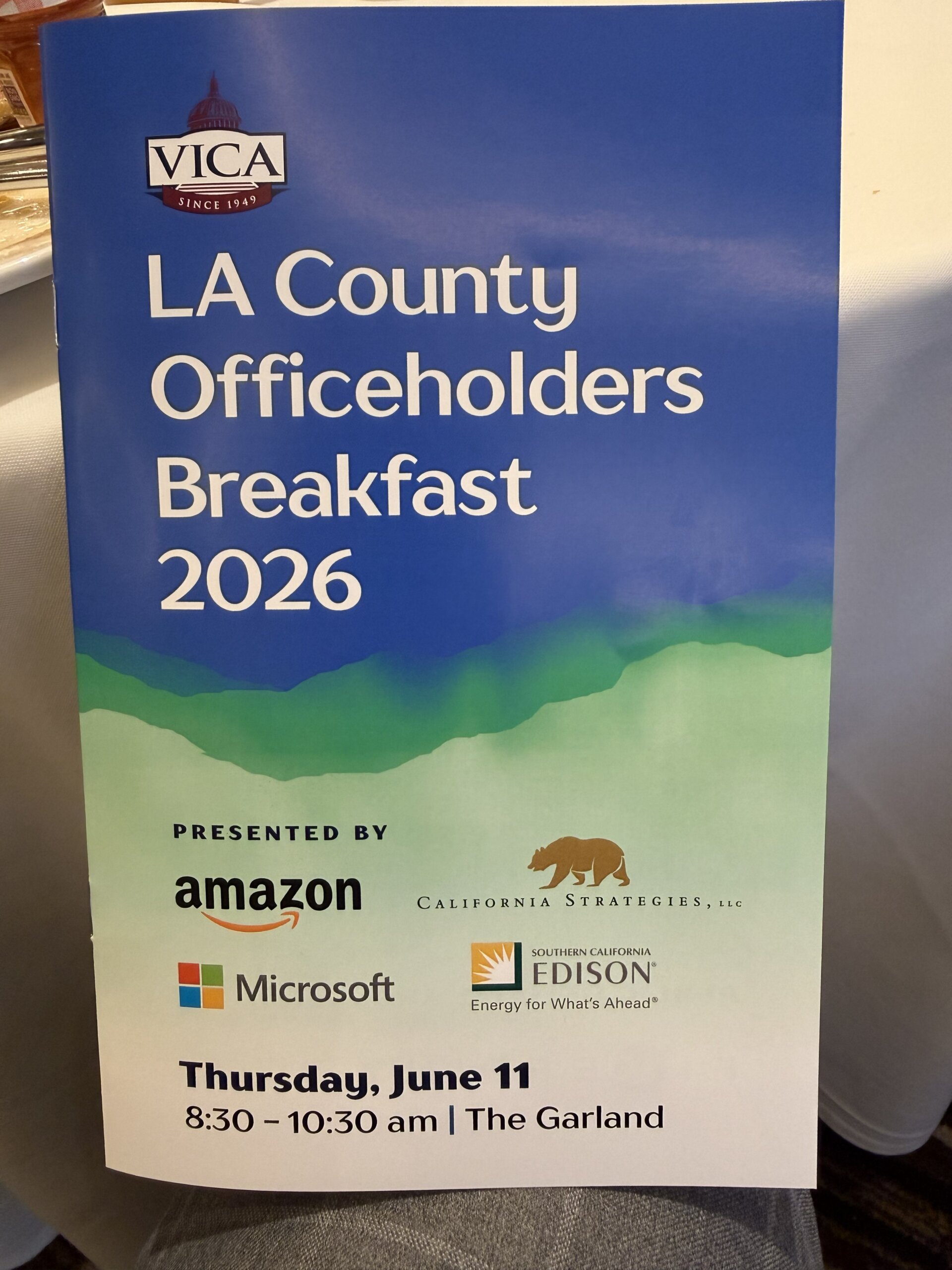 Program cover for the Valley Industry and Commerce Association 2026 LA County Officeholders Breakfast, listing presenting sponsors Amazon, California Strategies LLC, Microsoft, and Southern California Edison