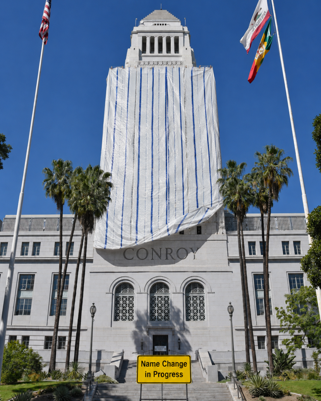 Illustration of Los Angeles City Hall with "CONROY" on the building and a "Name Change in Progress" sign.
